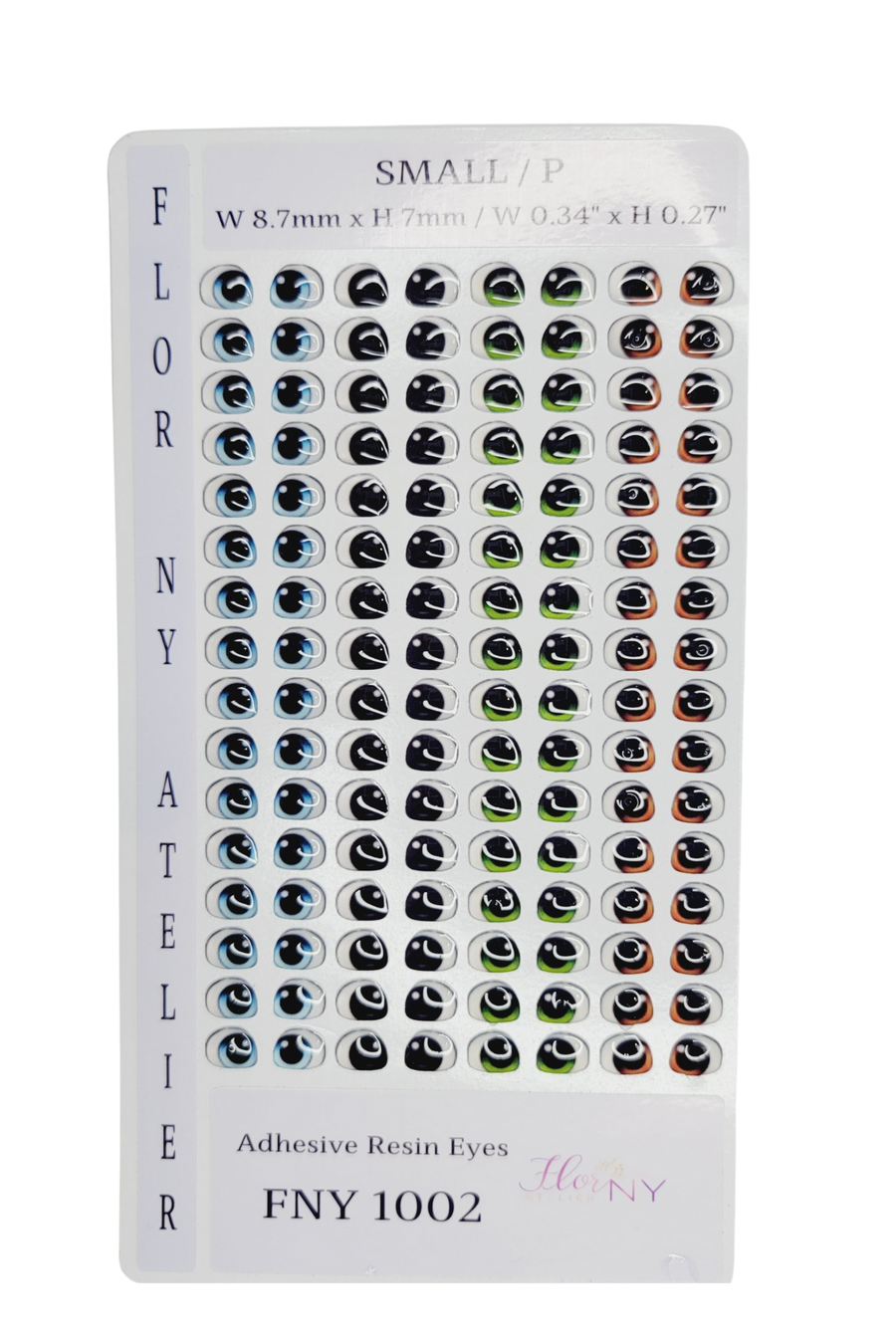 Adhesive Resin Eyes FNY 1002 - Small/P - 64 Pairs - W/H: 8.7mm x 7mm (0.34" x 0.27") - for use with Cold Porcelain Air Dry Clay, Polymer Clay, EVA, Felt, Fabric, Plaster, Paper, Ceramic and more