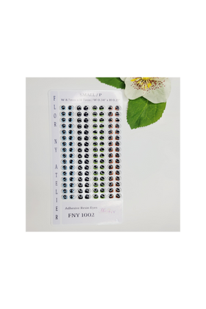 Adhesive Resin Eyes FNY 1002 - Small/P - 64 Pairs - W/H: 8.7mm x 7mm (0.34" x 0.27") - for use with Cold Porcelain Air Dry Clay, Polymer Clay, EVA, Felt, Fabric, Plaster, Paper, Ceramic and more