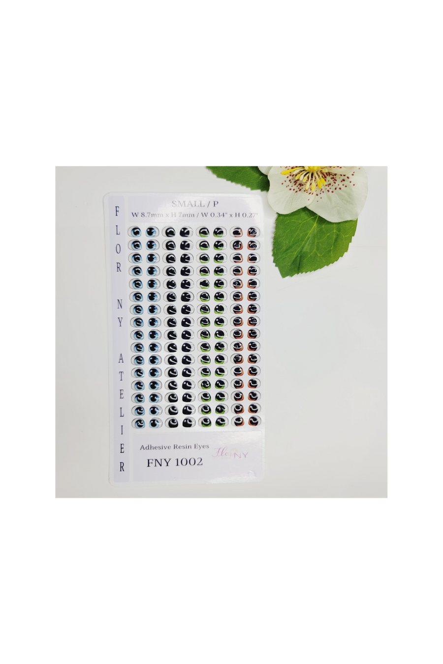 Adhesive Resin Eyes FNY 1002 - Small/P - 64 Pairs - W/H: 8.7mm x 7mm (0.34" x 0.27") - for use with Cold Porcelain Air Dry Clay, Polymer Clay, EVA, Felt, Fabric, Plaster, Paper, Ceramic and more