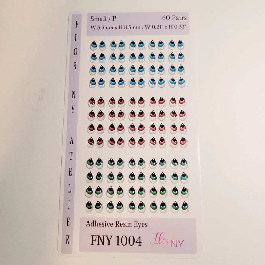 Adhesive Resin Eyes FNY 1004 - Small/P - 60 Pairs - W/H: 5.5x8.5mm  (0.21" x 0.33") - for use with Cold Porcelain Air Dry Clay, Polymer Clay, EVA, Felt, Fabric, Plaster, Paper, Ceramic and more