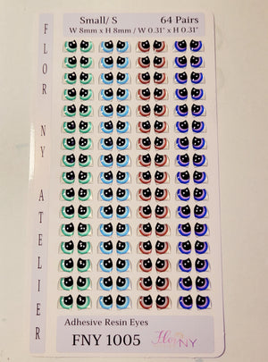 Adhesive Resin Eyes FNY 1005 - Small/P - 64 Pairs - W/H: 8mm x 8mm (0.31" x 0.31") - for use with Clay, EVA, Felt, Fabric and more