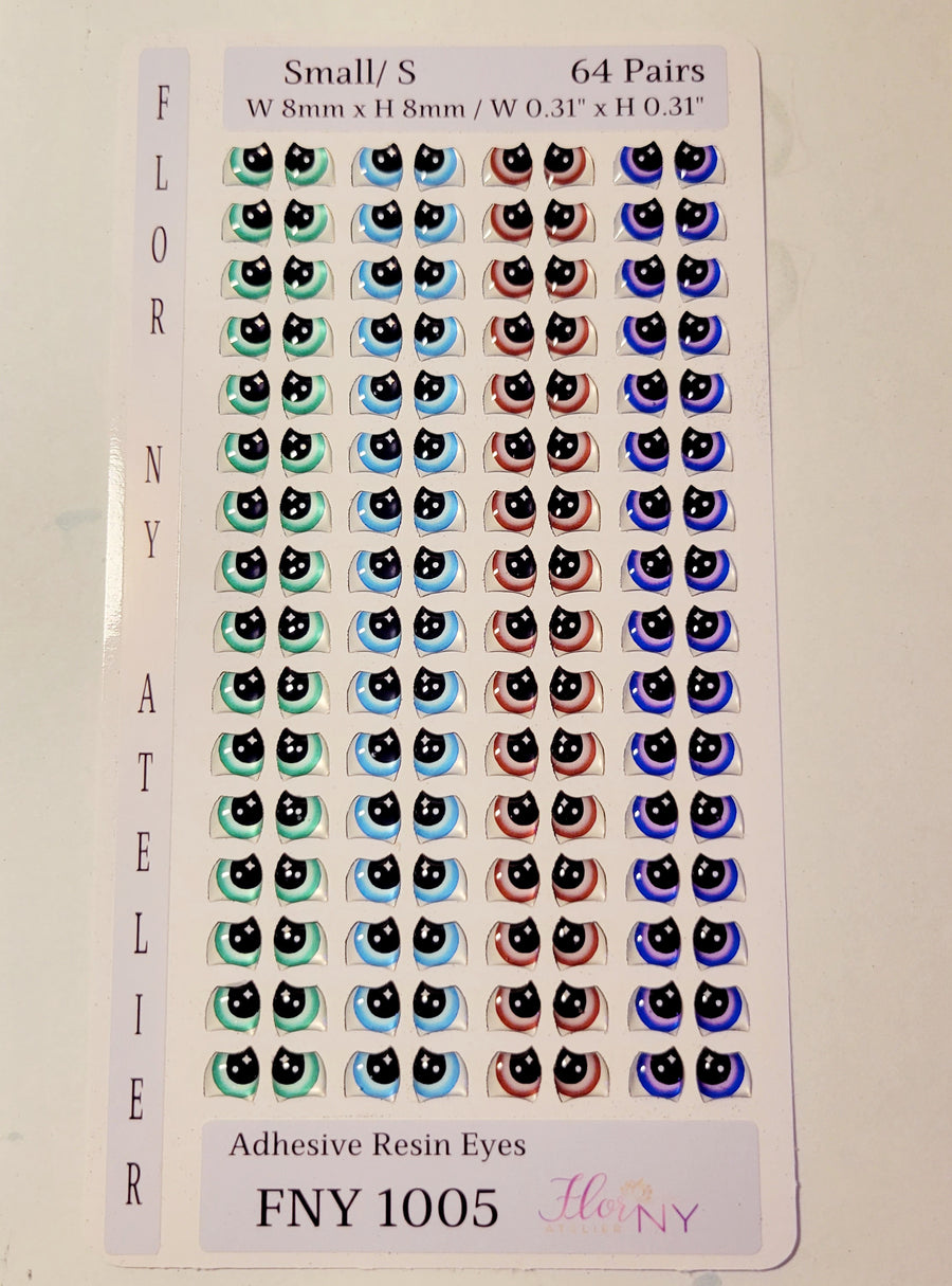 Adhesive Resin Eyes FNY 1005 - Small/P - 64 Pairs - W/H: 8mm x 8mm (0.31" x 0.31") - for use with Clay, EVA, Felt, Fabric and more