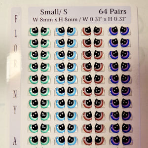 Adhesive Resin Eyes FNY 1005 - Small/P - 64 Pairs - W/H: 8mm x 8mm (0.31" x 0.31") - for use with Clay, EVA, Felt, Fabric and more