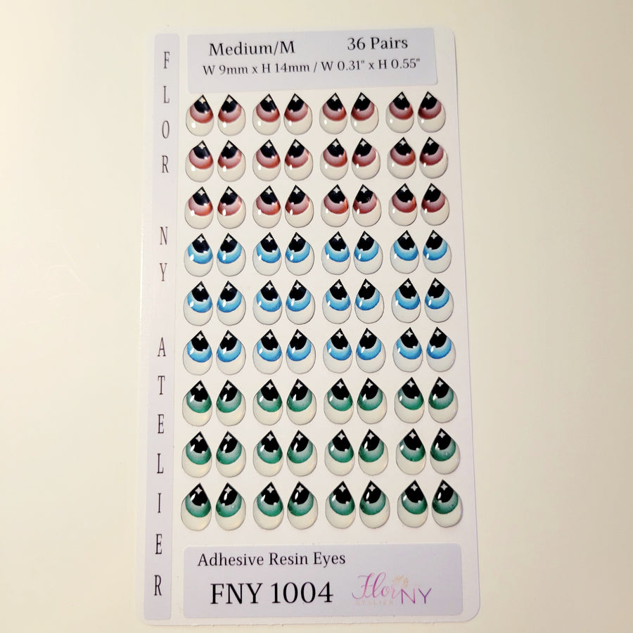 Adhesive Resin Eyes FNY 1004 - Medium/M - 36 Pairs - W/H: 9x14mm  (0.31" x 0.55") - for use with Cold Porcelain Air Dry Clay, Polymer Clay, EVA, Felt, Fabric, Plaster, Paper, Ceramic and more