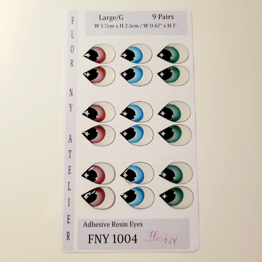 Adhesive Resin Eyes FNY 1004 - Large/G - 9 Pairs - W/H: 1.7x2.5 cm  (0.67" x 1") - for use with Cold Porcelain Air Dry Clay, Polymer Clay, EVA, Felt, Fabric, Plaster, Paper, Ceramic and more