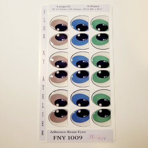 Adhesive Resin Eyes FNY 1009 - Large/G - 9 Pairs - W/H: 22.6mm x 25mm (0.88" x 1") - for use with Clay, EVA, Felt, Fabric and more