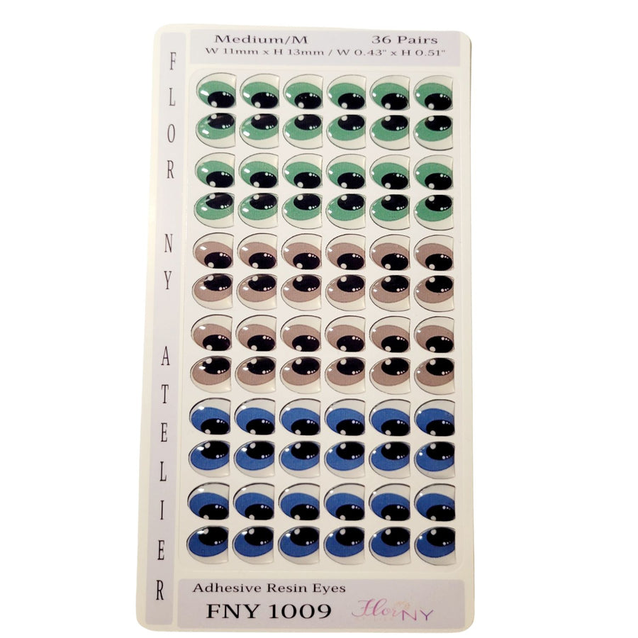 Adhesive Resin Eyes FNY 1009 - Medium/M - 36 Pairs - W/H: 11mm x 13mm (0.43" x 51") - for use with Clay, EVA, Felt, Fabric and more