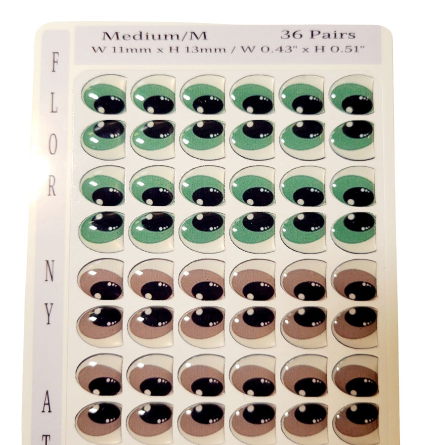 Adhesive Resin Eyes FNY 1009 - Medium/M - 36 Pairs - W/H: 11mm x 13mm (0.43" x 51") - for use with Clay, EVA, Felt, Fabric and more
