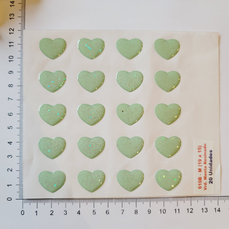 Adhesive Resin Green Glitter Hearts (M) MNC 610B 19x15mm 20 Units