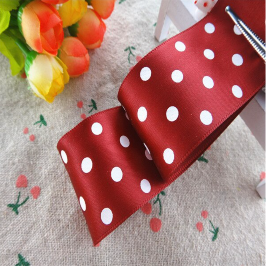 White Dots Satin  Ribbon - 1 1/2" - 38mm - Sold by the Yard