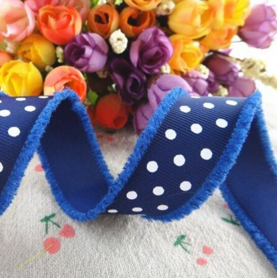 White Dots Hairy Edge Grosgrain Ribbon - 1" - 25mm - 4 yards