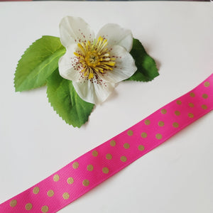 Metallic Polka Dots Pink Grosgrain Ribbon -1" (25mm) - Sold by the Yard