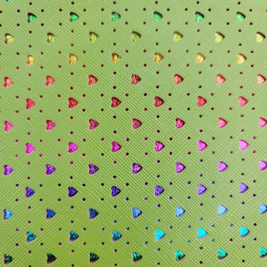 Punch Leather Hearts - Lime Rainbow Faux Leather Printed Vinyl Sheet