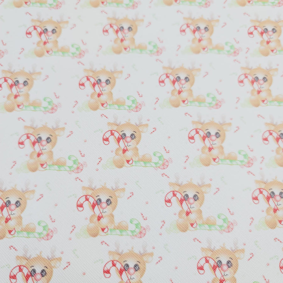 Reindeer holding Candy Cane Faux Leather Printed Vinyl Sheet